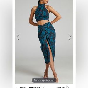 MIRSKI HIGH NECK HALTER TOP AND TWIST FRONT MIDI SKIRT TWO PIECE SET